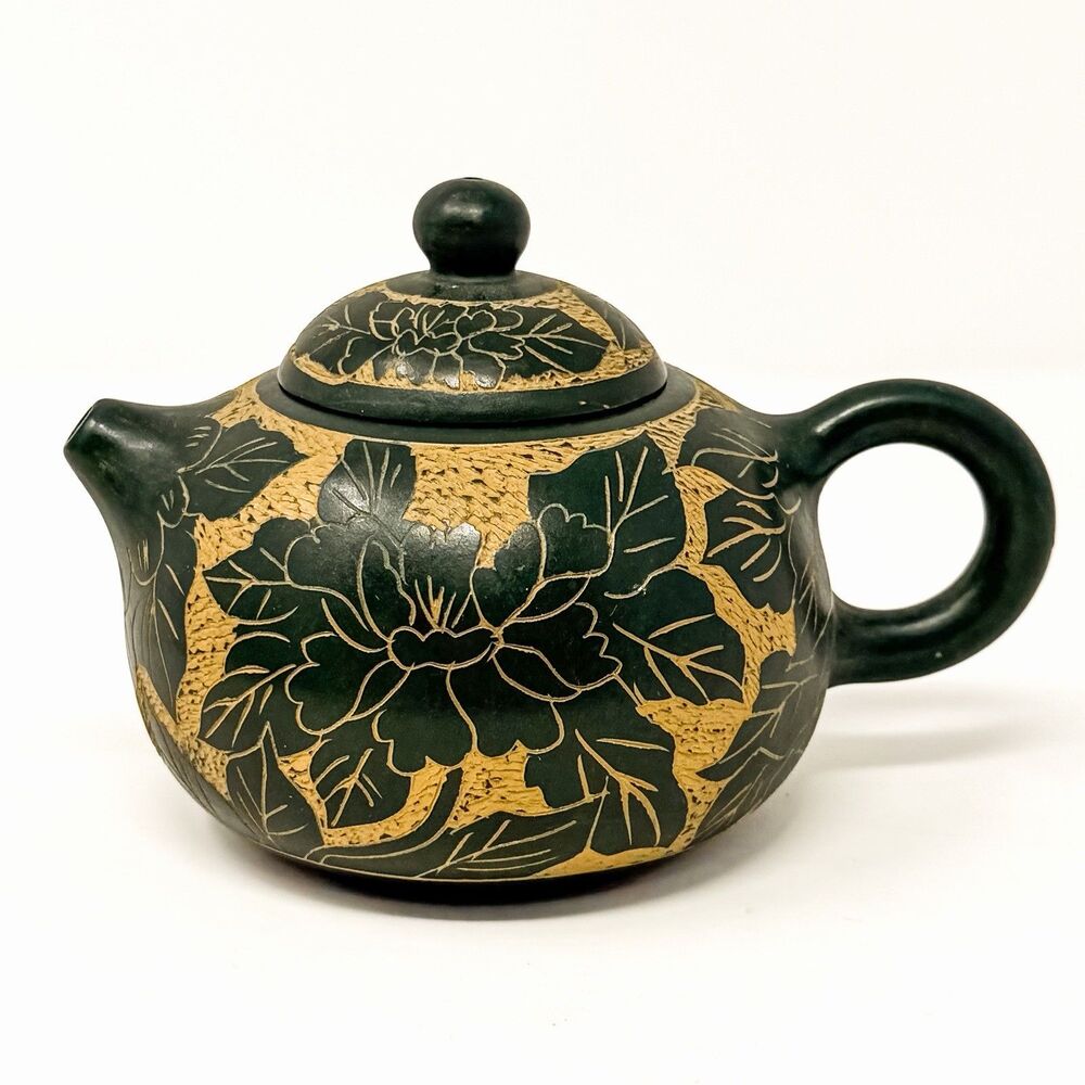 Vintage Yixing Zisha Teapot Chinese Carved Floral Green Clay Pottery Signed